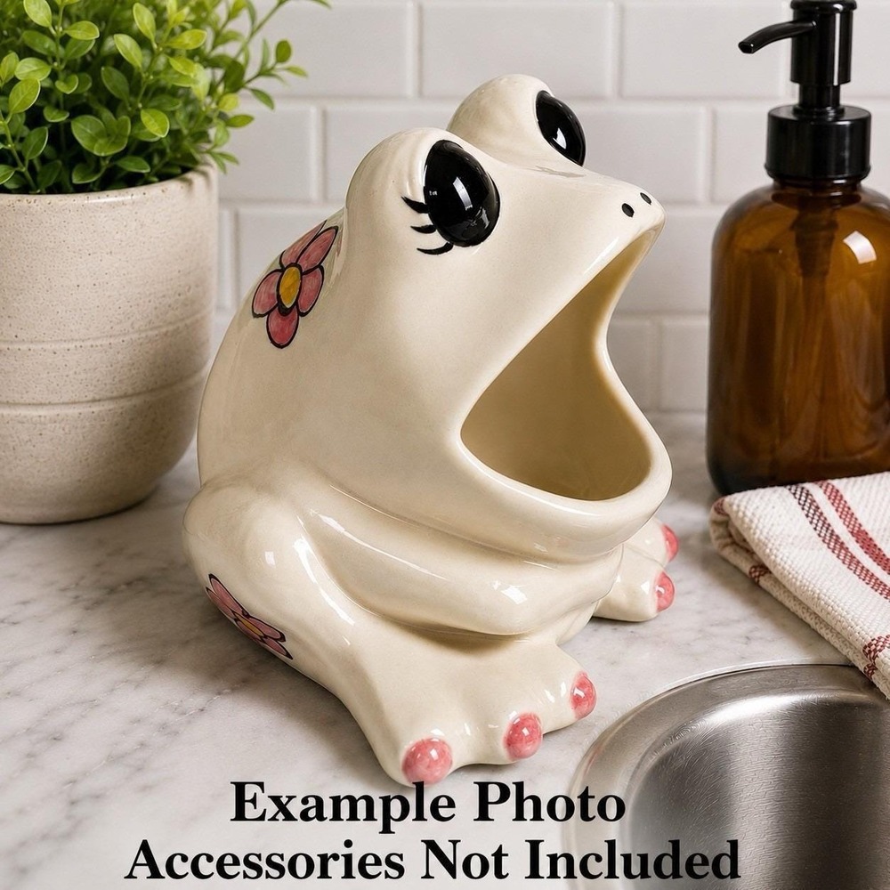 Vintage Studio Pottery Frog 1975 Pretty Eyes Pink Flowers Ceramic Sponge Holder